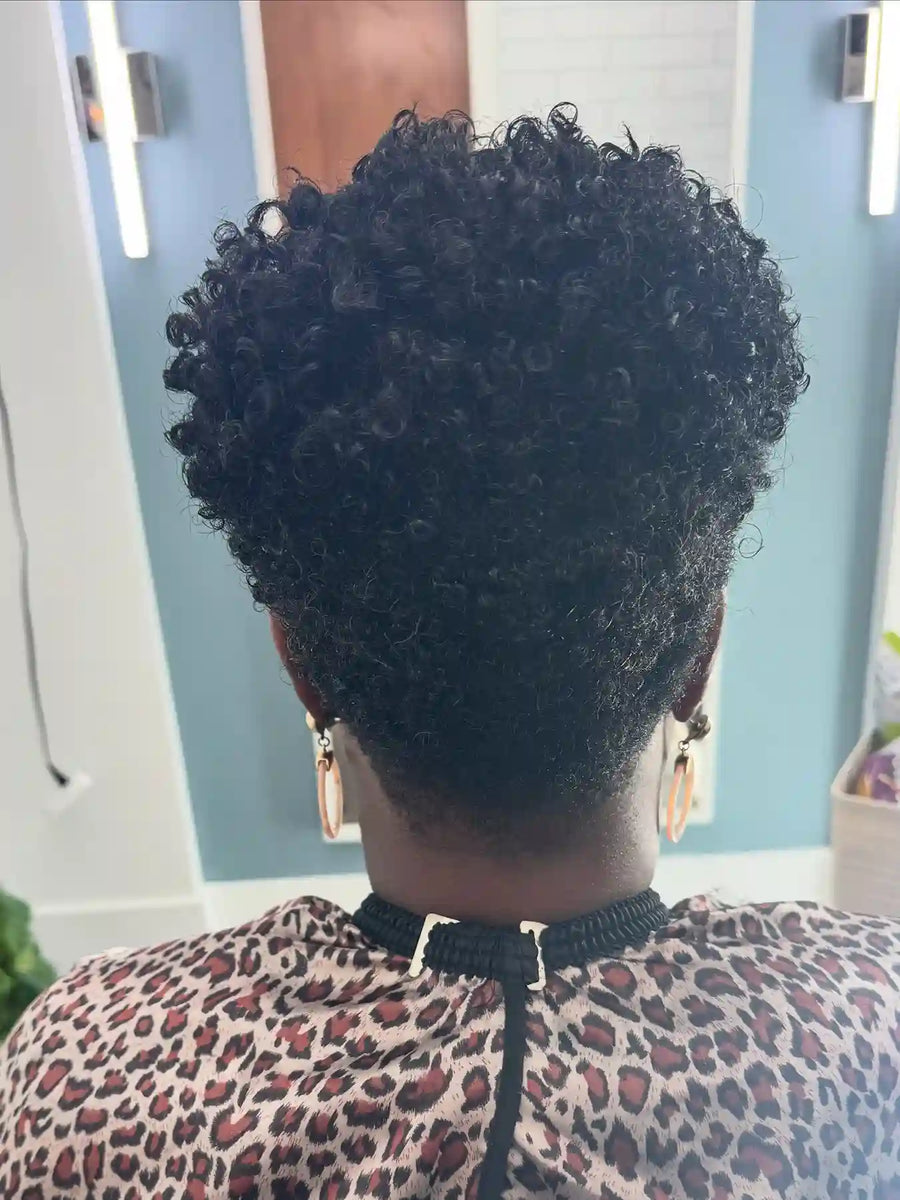 Short tapered natural hairstyle with closely shaped sides and defined black curls on top, Stylist located in Gilbert, AZ