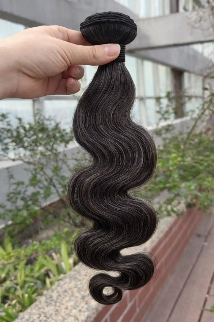 Outdoor picture of 100% natural grey hair salt and pepper brazilian hair bundles