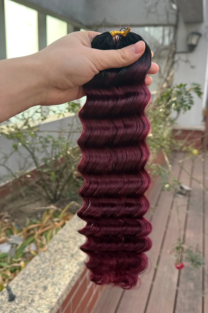 Outdoor picture of T1B/Burgundy 99J deep wave feather crochet human hair