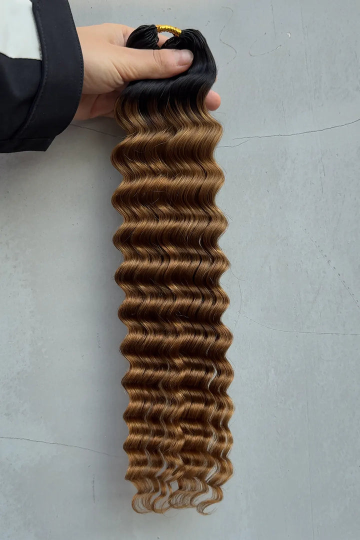 Outdoor picture of auburn brown ombre deep wave feather crochet hair T1B/30 human hair