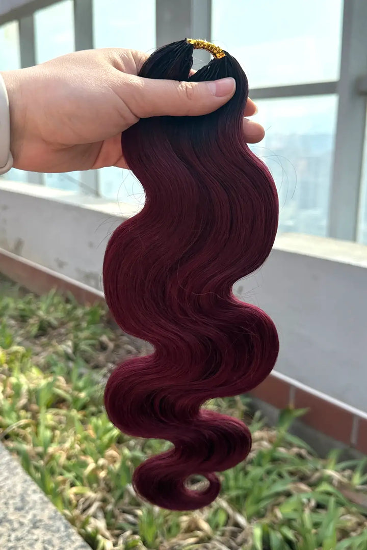 Outdoor picture of burgundy ombre body wave feather crochet hair - 1B/99J human hair