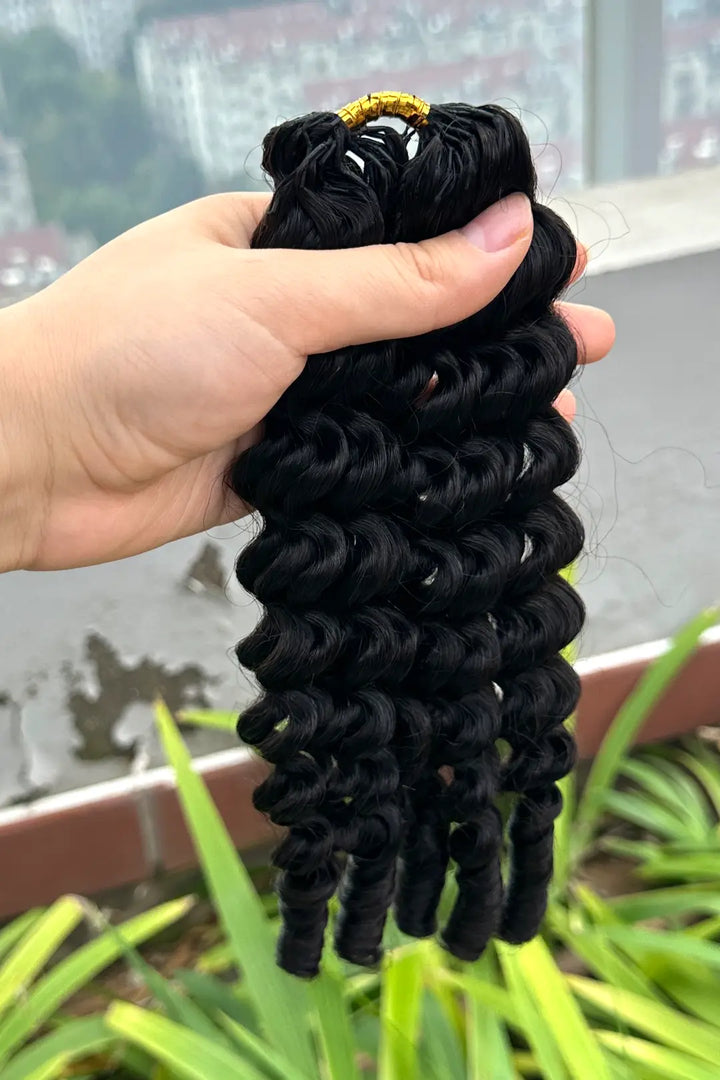 Outdoor picture of burmese curly with spiral curls feather crochet hair fe33