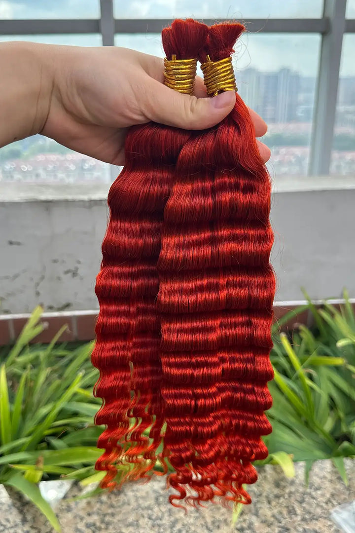 Outdoor picture of copper red deep wave bulk human hair for braiding bu23