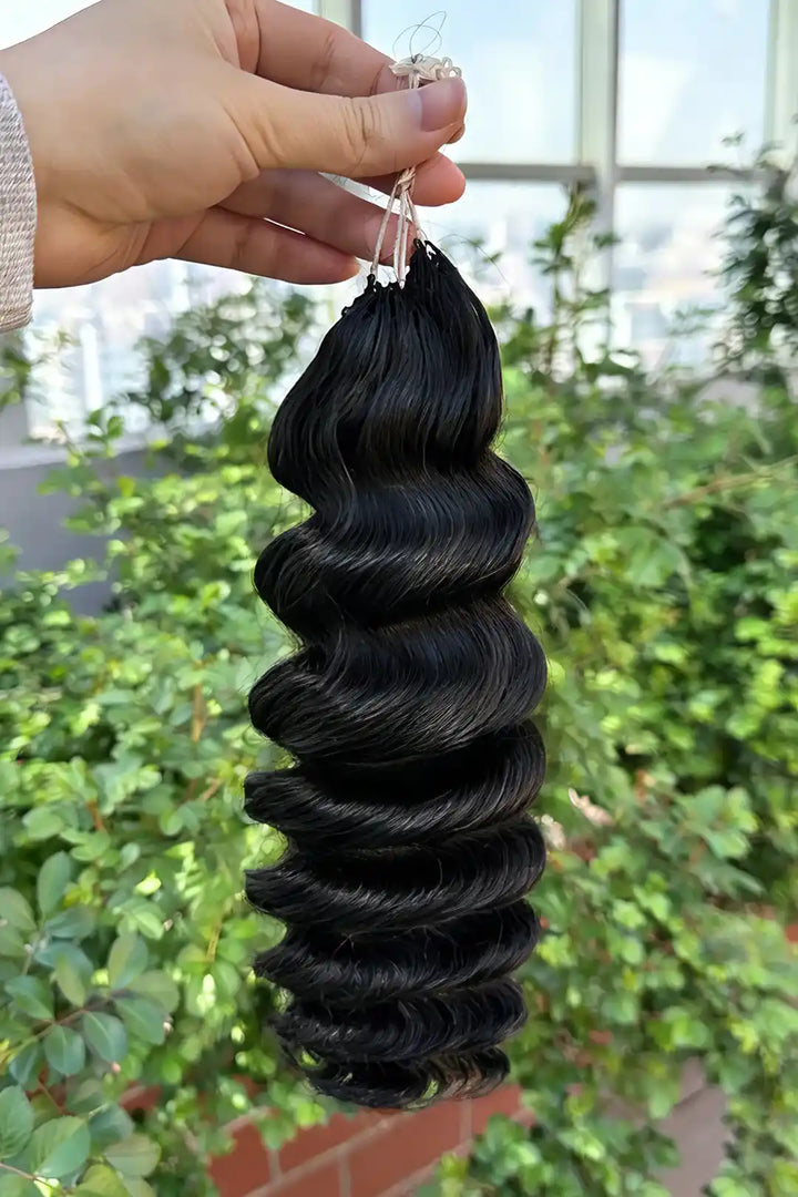 Outdoor picture of handmade feather line hair extensions loose deep wave single strand with loop