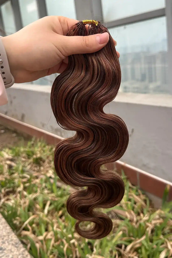 Outdoor picture of highlight blend #4/27/30 body wave feather crochet human hair