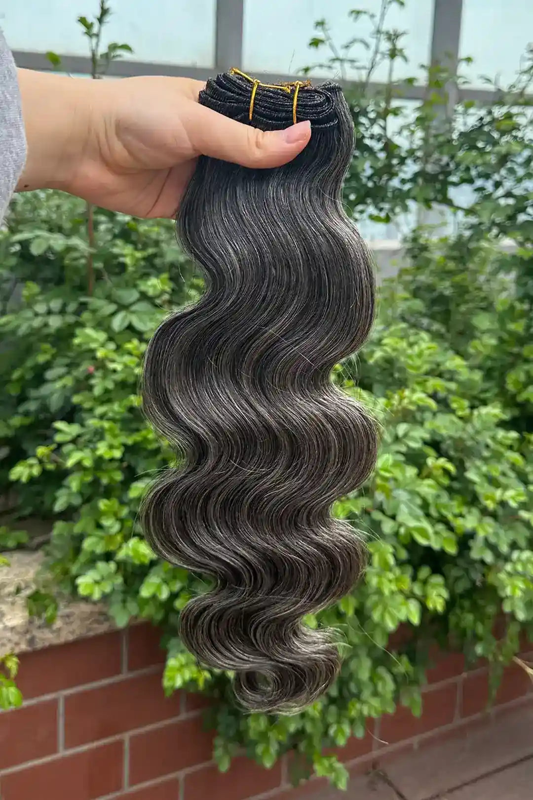 Outdoor picture of natural grey hair salt and pepper cambodia virgin human hair bundles