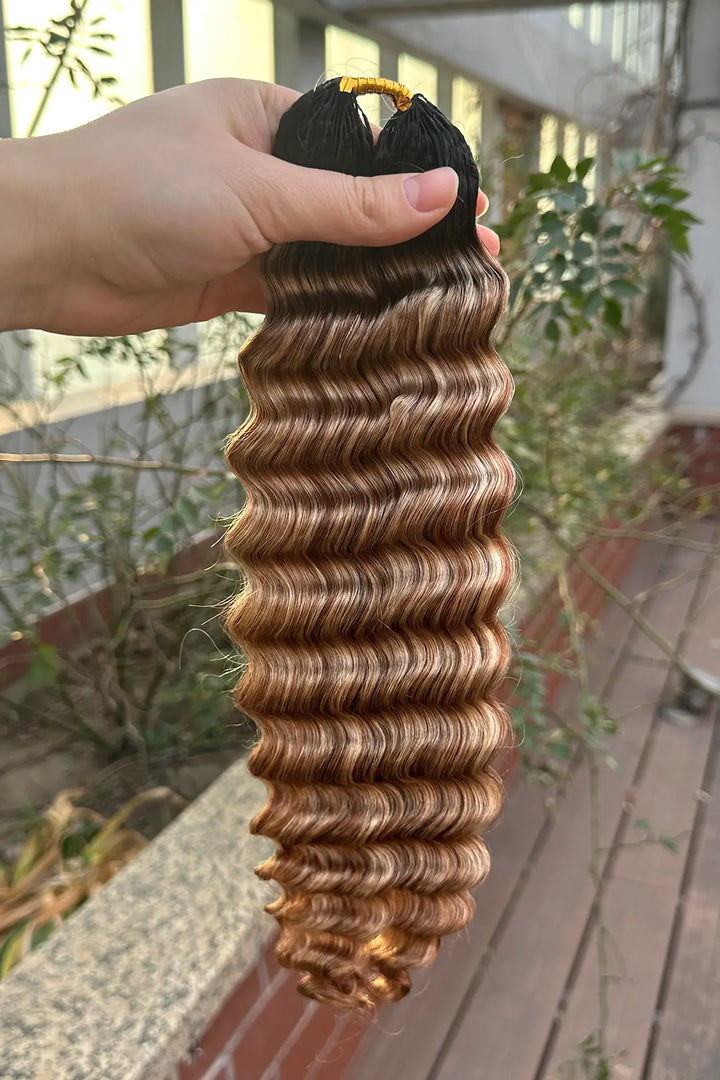 Outdoor picture of t natural black root mixed 27/30/613 deep wave feather crochet human hair