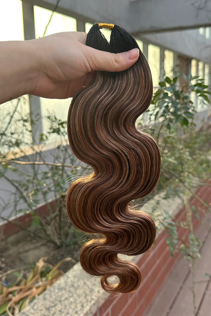 Outdoor picture of t natural black root mixed 4/27/30 body wave feather crochet human hair