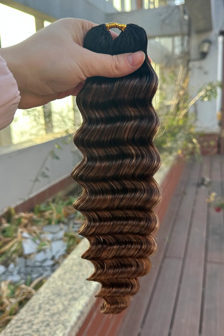 Outdoor picture of t natural black root mixed 4/27/30 deep wave feather crochet human hair