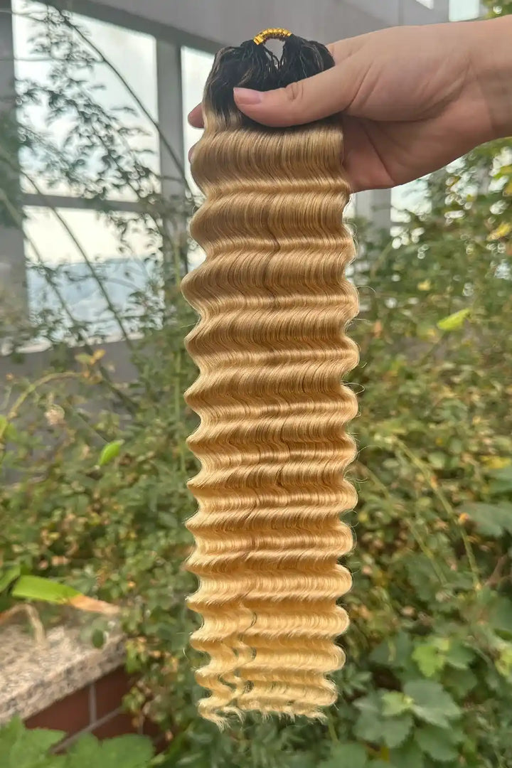 Outdoor picture of t1b 613 blonde ombre color deep wave crochet miracle knots human hair