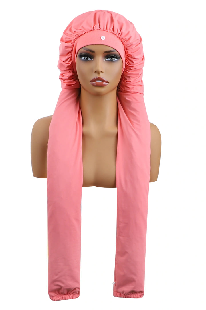 Pantyhose sleeping bonnet for long braids color coral