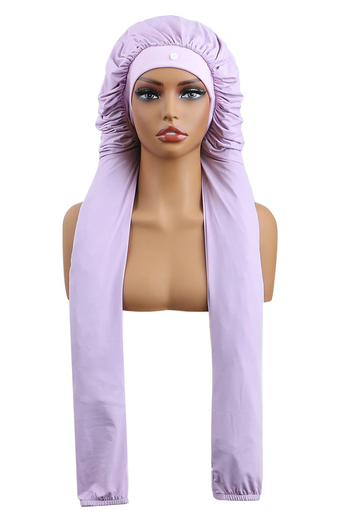 Pantyhose sleeping bonnet for long braids color lavender