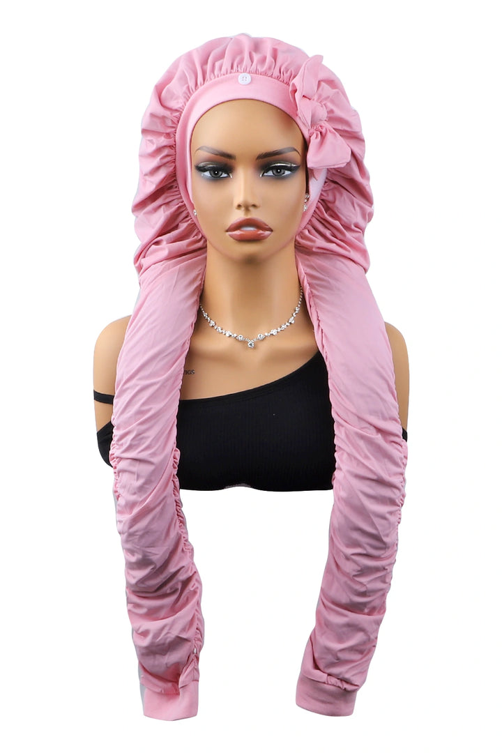 Pink pantyhose sleeping bonnet elastic satin adjustable velcro