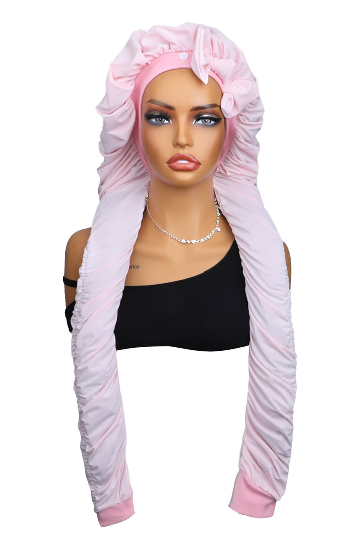 Pink pantyhose sleeping bonnet elastic satin adjustable