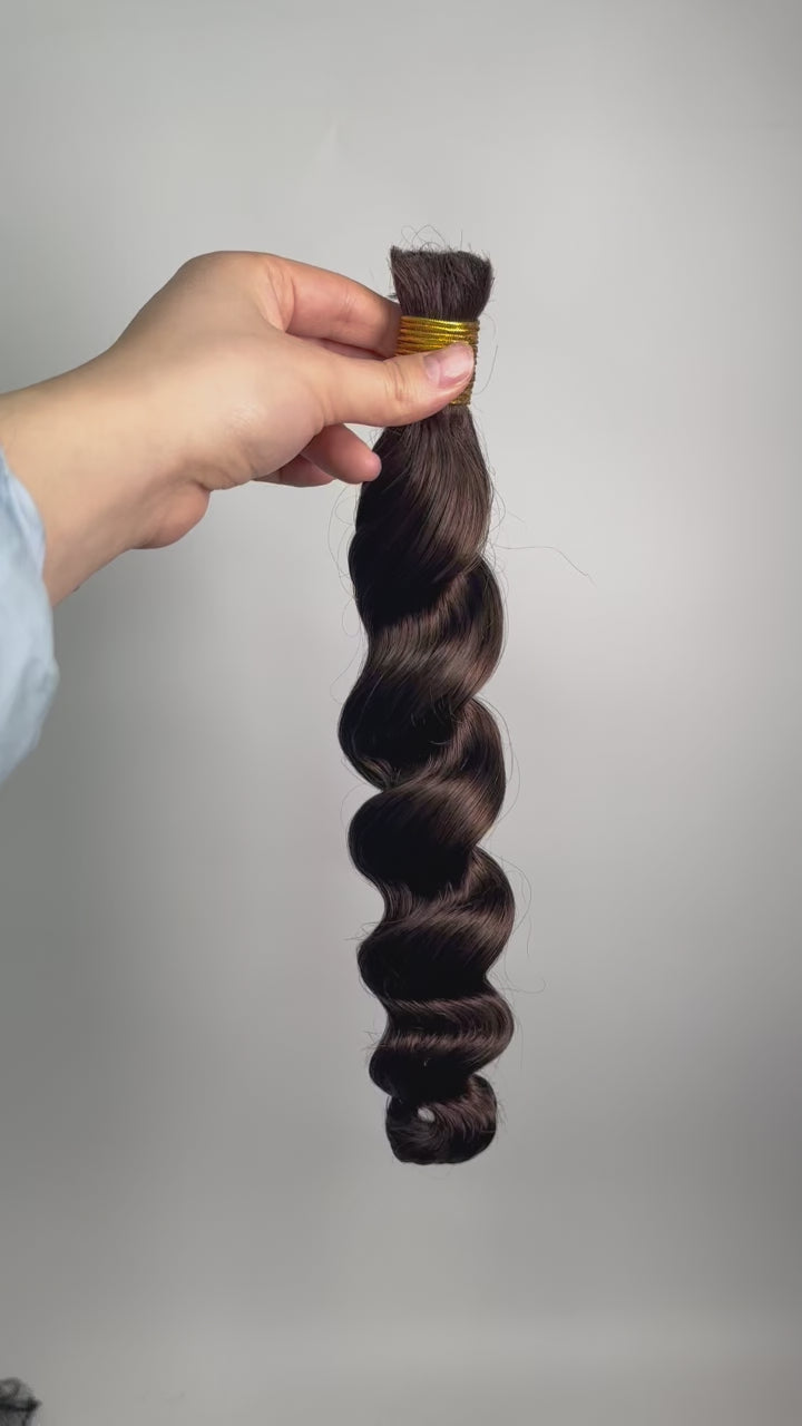 Video of double drawn dark brown loose wave bulk hair for braiding bu63