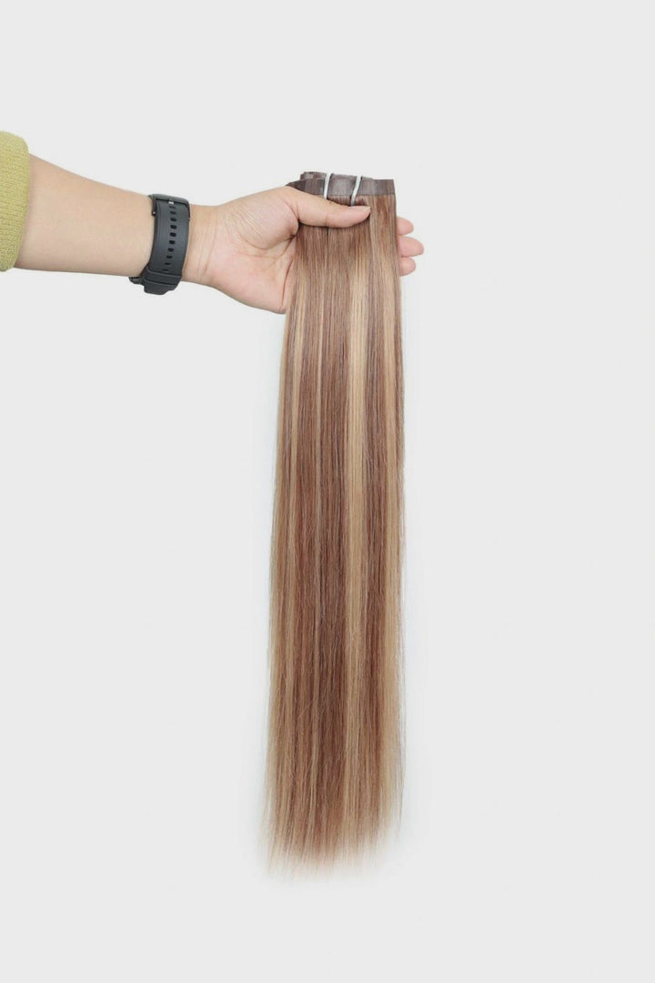 Seamless Clip in Hair Extensions Brown with Blonde Highlights