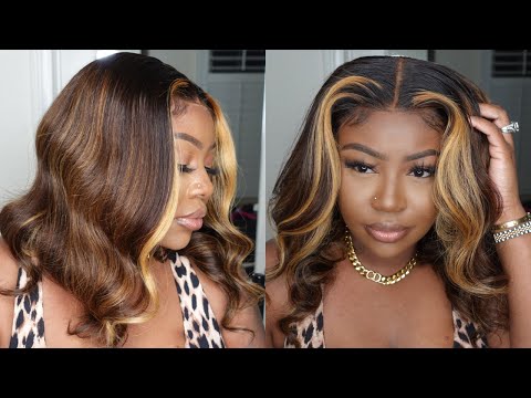 13x6 HD Glueless Lace Brown with Blond Highlight Wave Wig-HD22