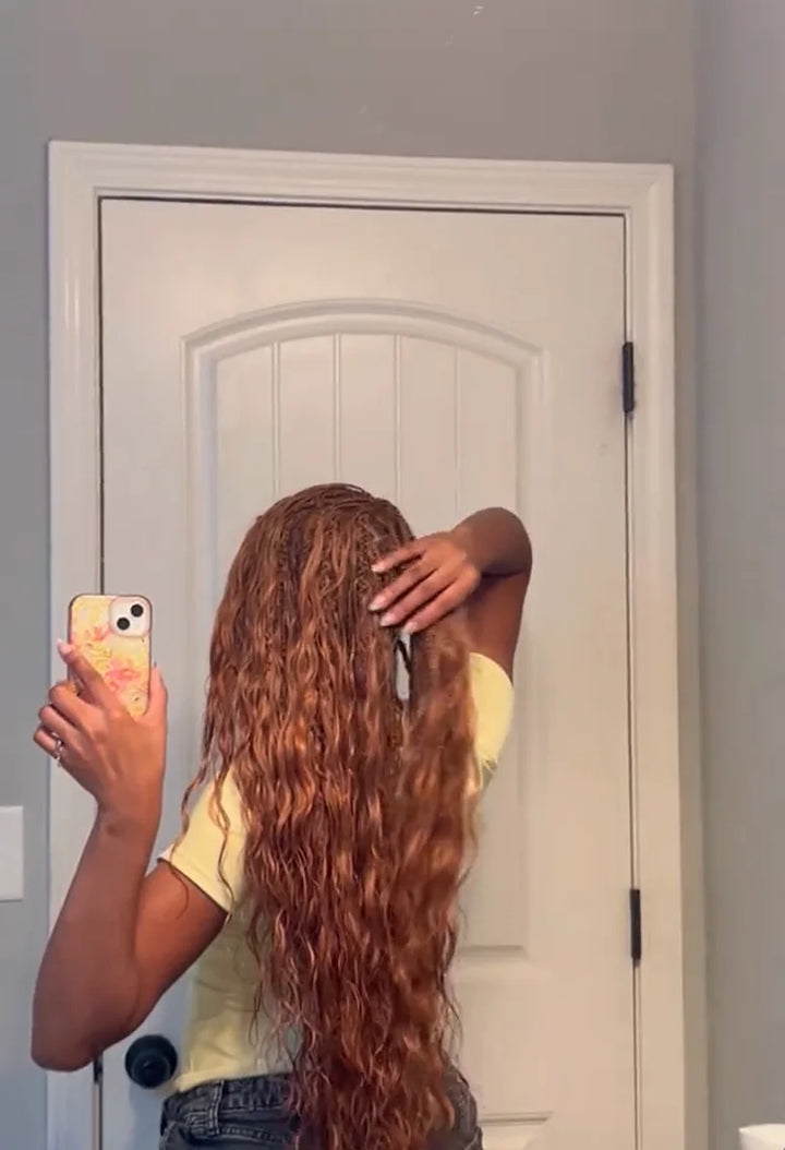 Tiktok influencer teyaamarr shows the braiding process of auburn brown body wave bulk hair