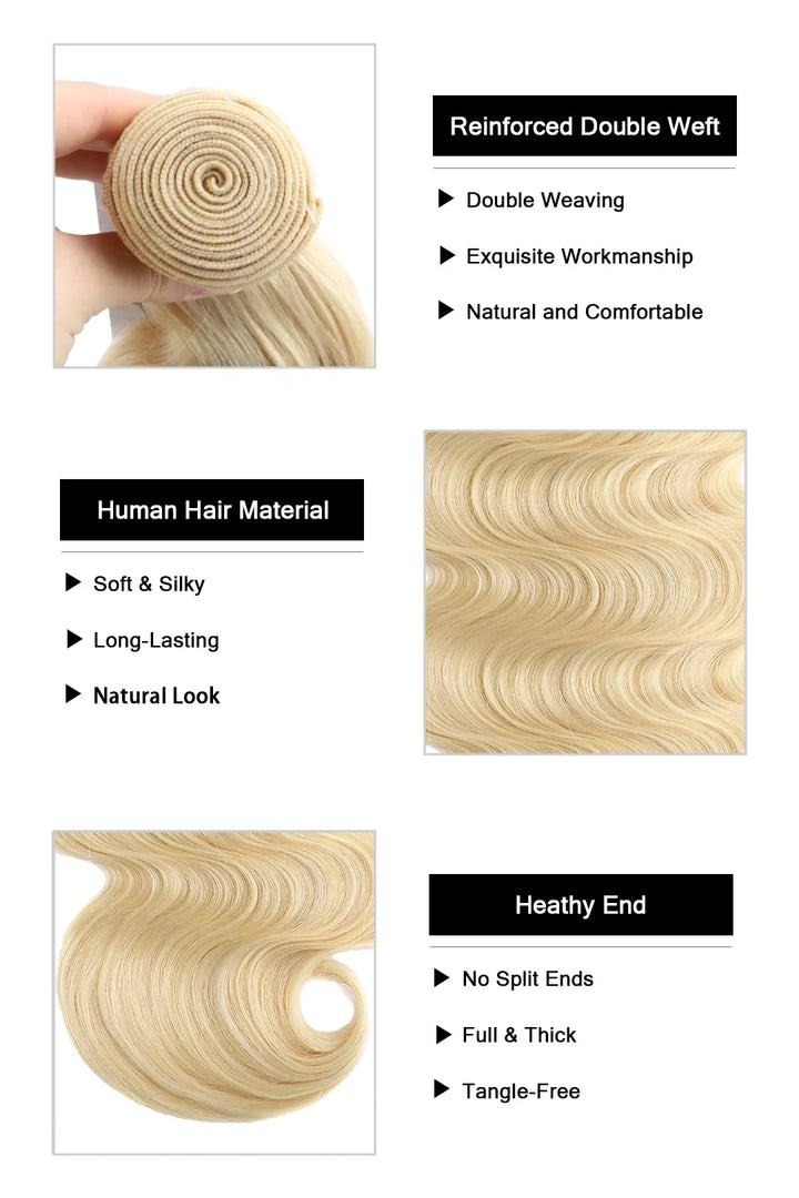 Product description of 613 blonde bundles sew in extensions body wave brazilian hair