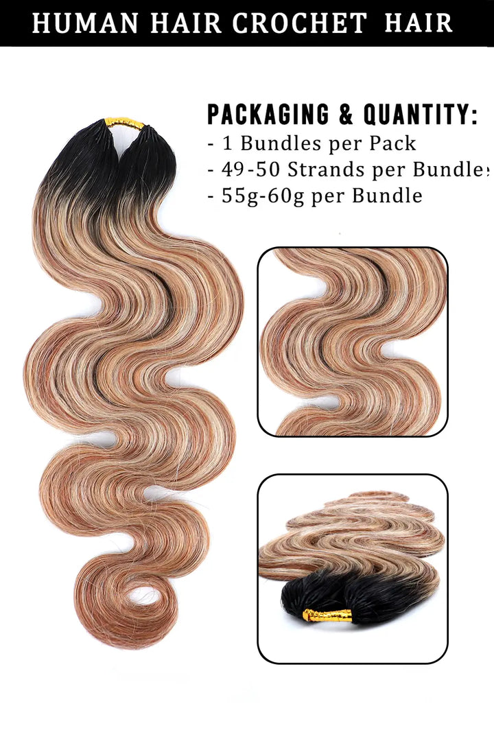 Product description of T natural black root mixed 27/30/613 body wave feather crochet human hair