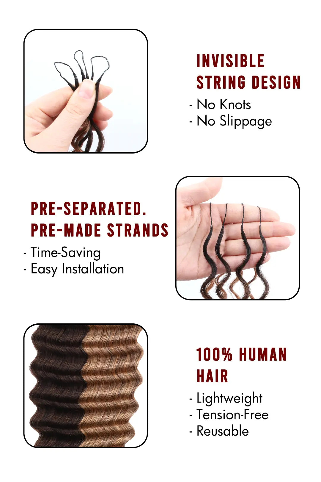 Product description of T natural black root piano color #4/#27 deep wave feather crochet human hair