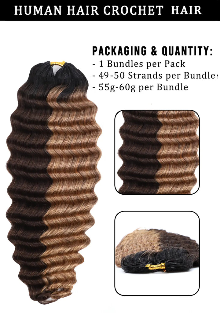 Product description of T natural black root piano color #4/#27 deep wave feather crochet human hair