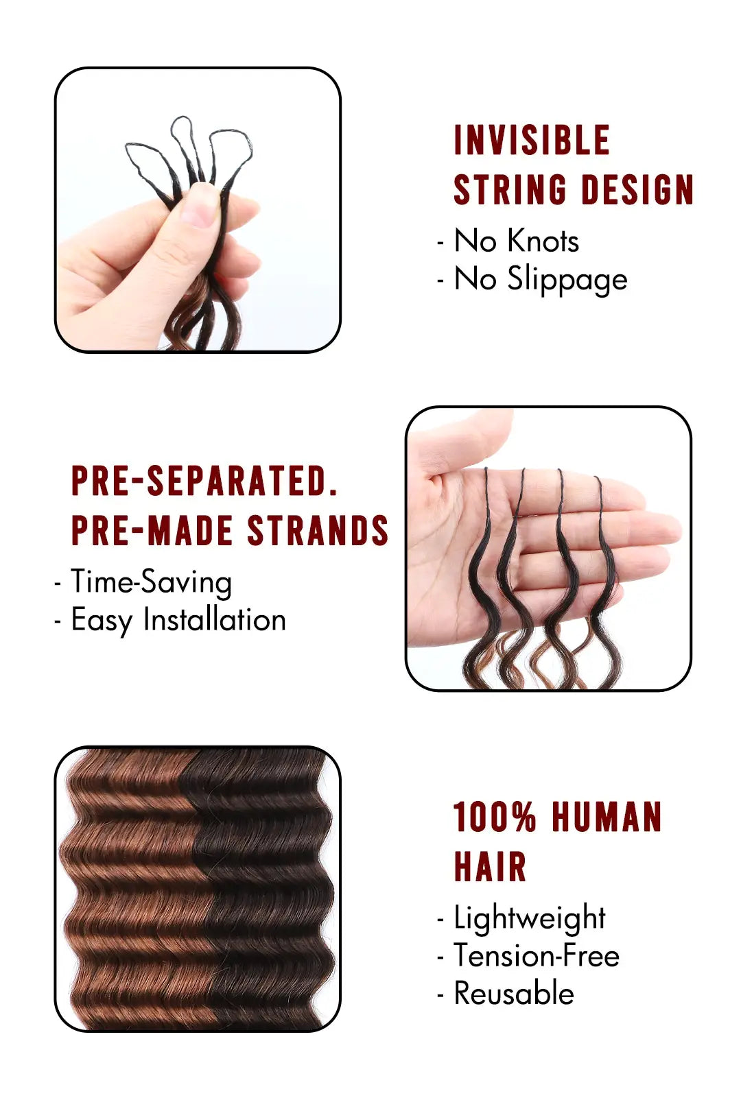 Product description of T natural black root piano color #4/#30 deep wave feather crochet human hair