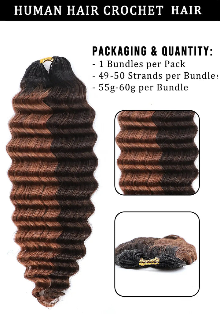 Product description of T natural black root piano color #4/#30 deep wave feather crochet human hair