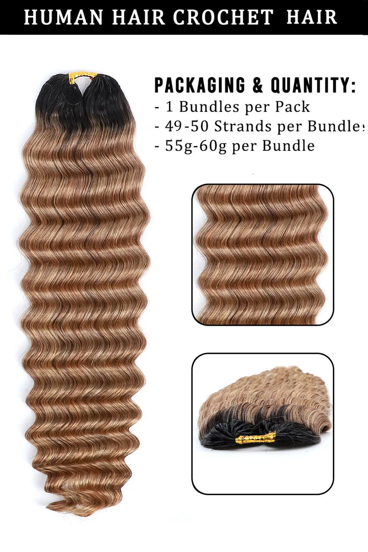 Product description of T1B/27 honey blonde deep wave feather crochet human hair