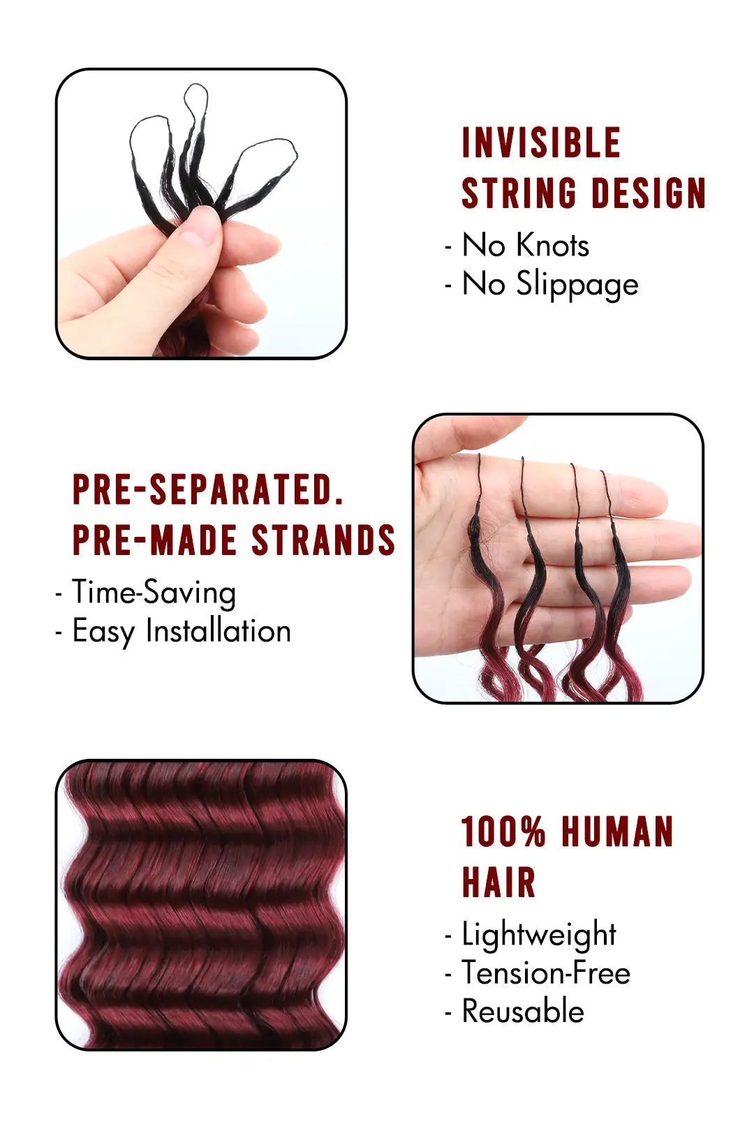 Product description of T1B/Burgundy 99J deep wave feather crochet human hair
