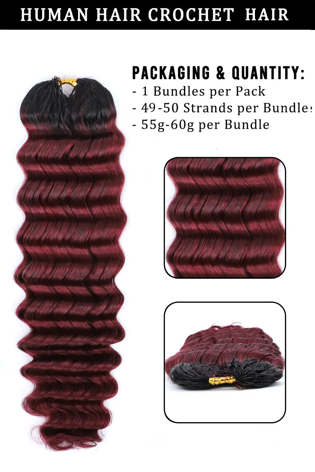 Product description of T1B/Burgundy 99J deep wave feather crochet human hair