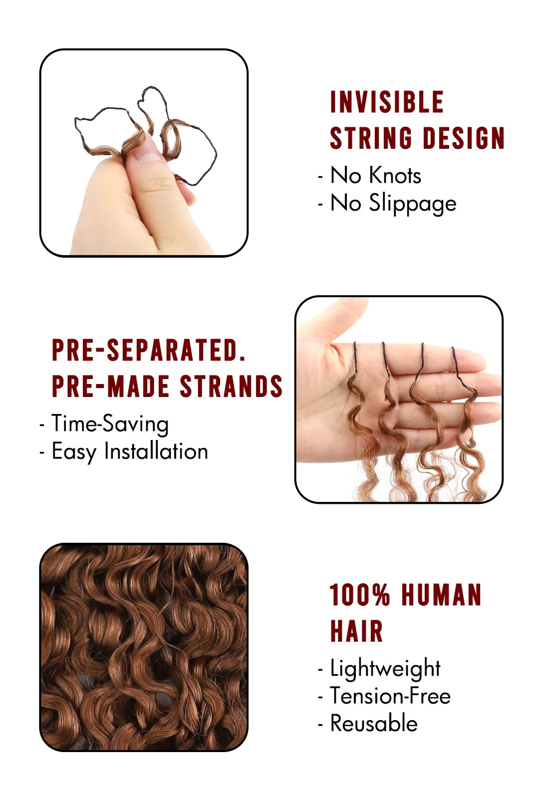 Product description of auburn brown #30 burmese curly with spiral curls feather crochet miracle knots hair
