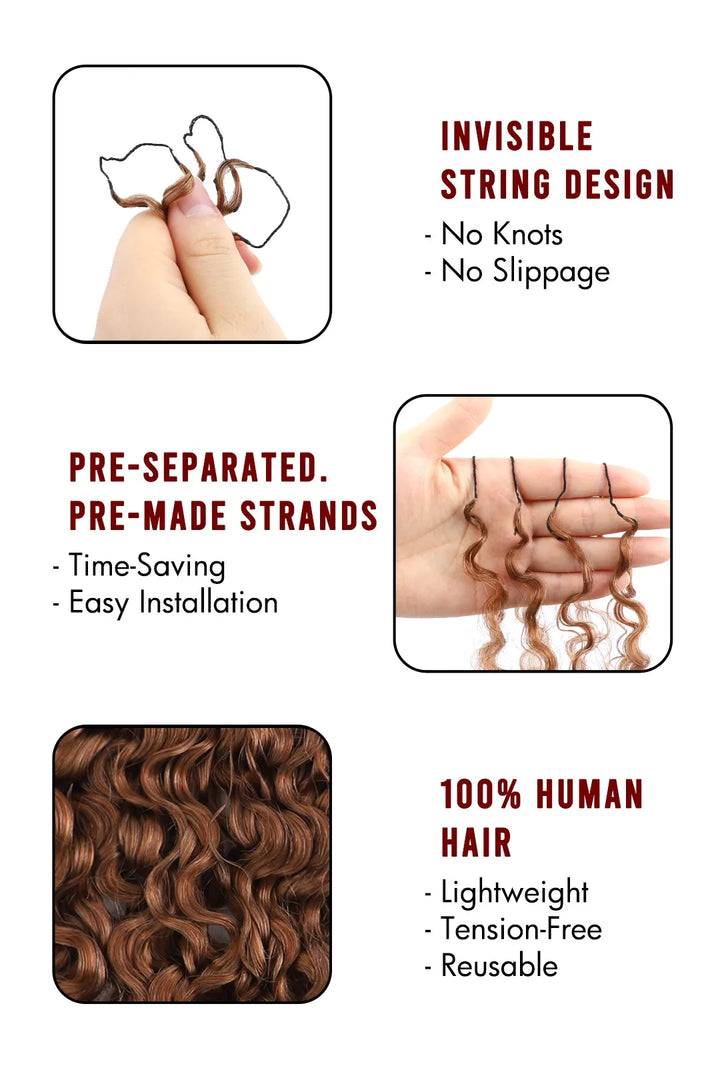 Product description of auburn brown #30 burmese curly with spiral curls feather crochet miracle knots hair