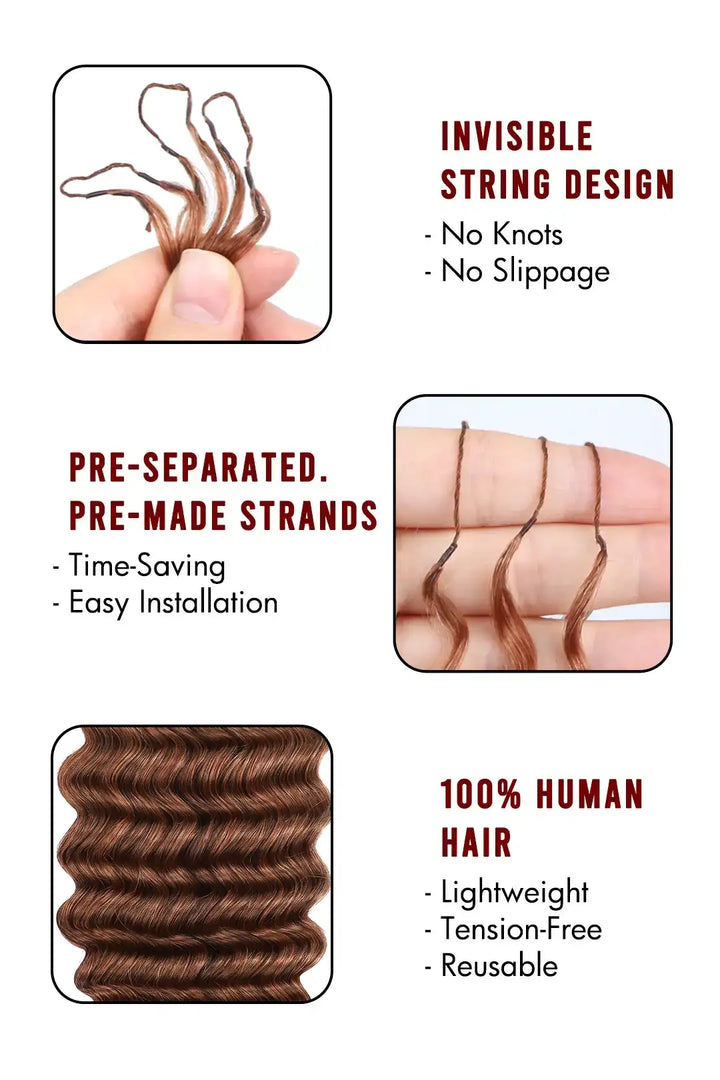 Product description of auburn brown 30 deep wave feather crochet miracle knots human hair