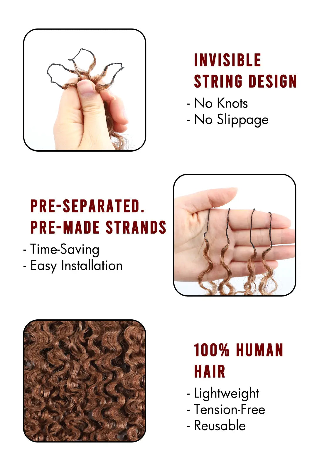Product description of auburn brown #30 water deep wave feather crochet miracle knots hair
