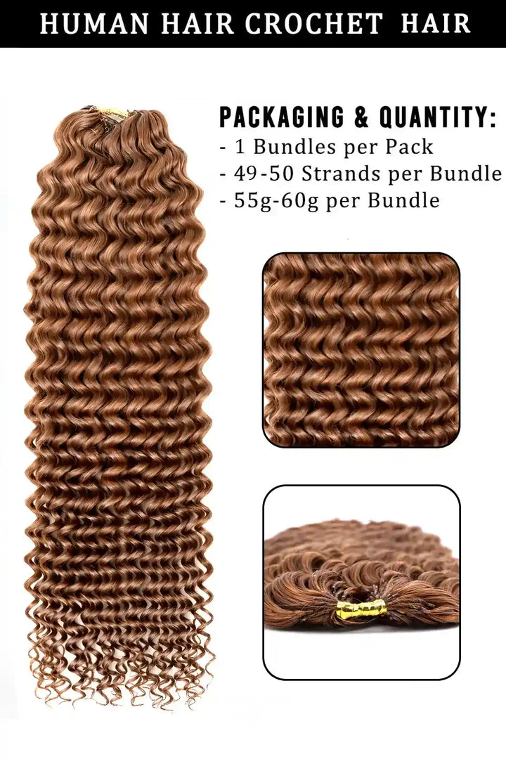 Product description of auburn brown #30 water wave feather crochet human hair