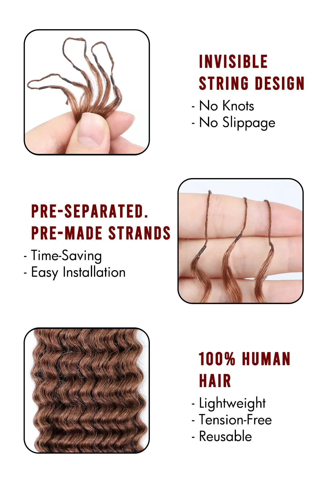 Cabello humano de ganchillo con ondas de agua color castaño rojizo n.° 30