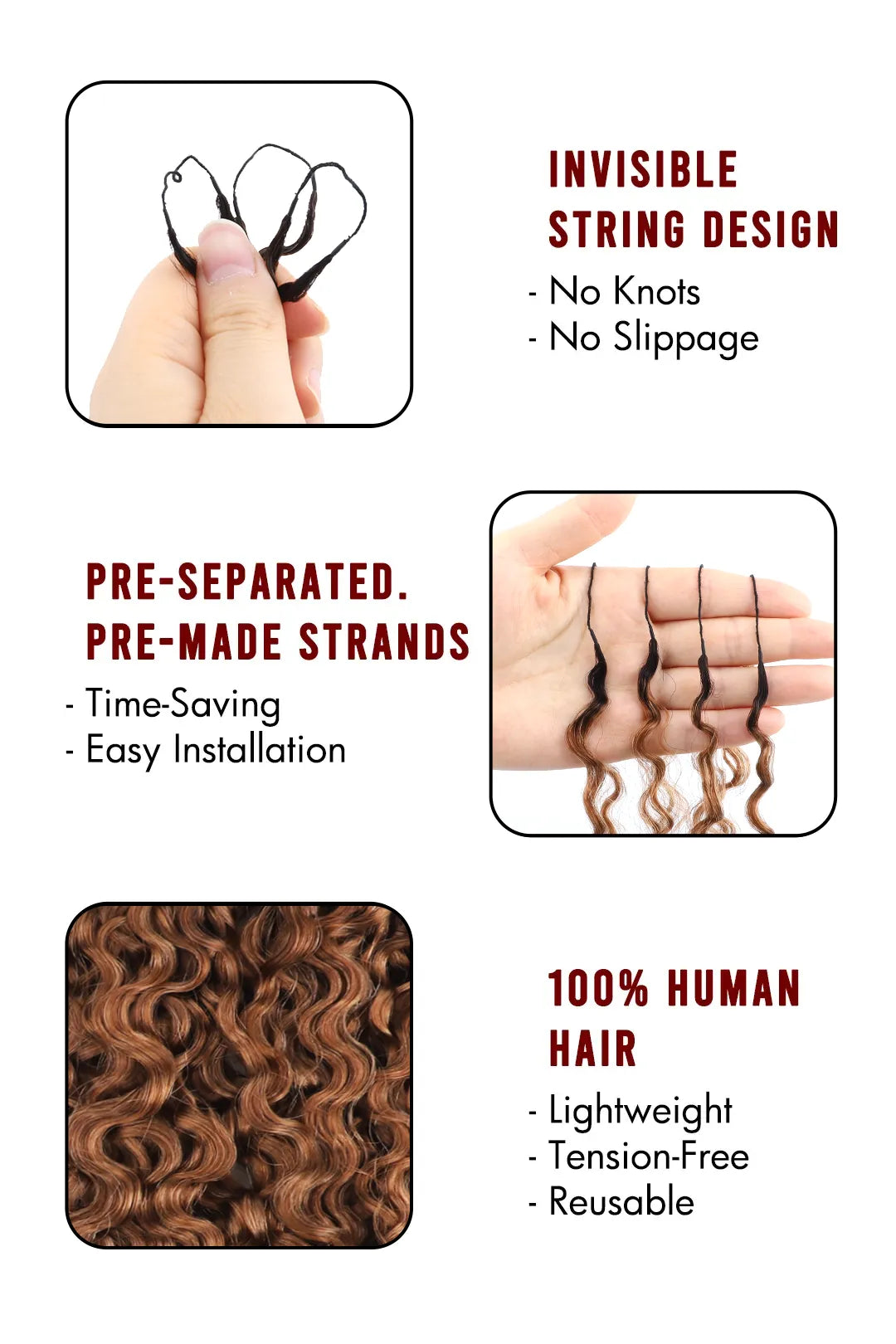 Product description of auburn brown ombre water deep wave feather crochet hair T1B/30 human hair