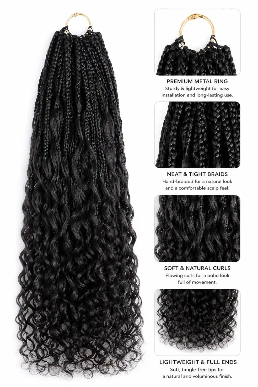 Product description of boho crochet box braids pre looped deep wave curls human hair 40 strands