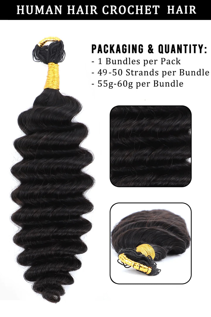 Product description of braiding feather crochet human hair deep wave long cord