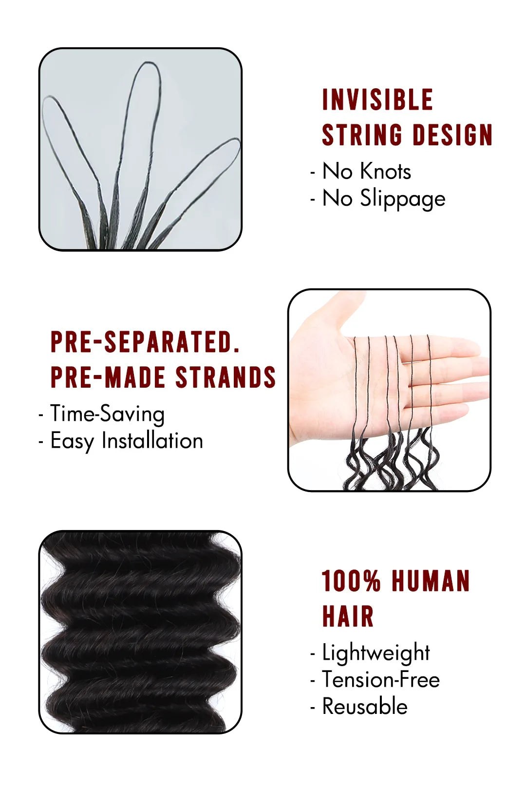 Product description of braiding feather crochet human hair deep wave long cord