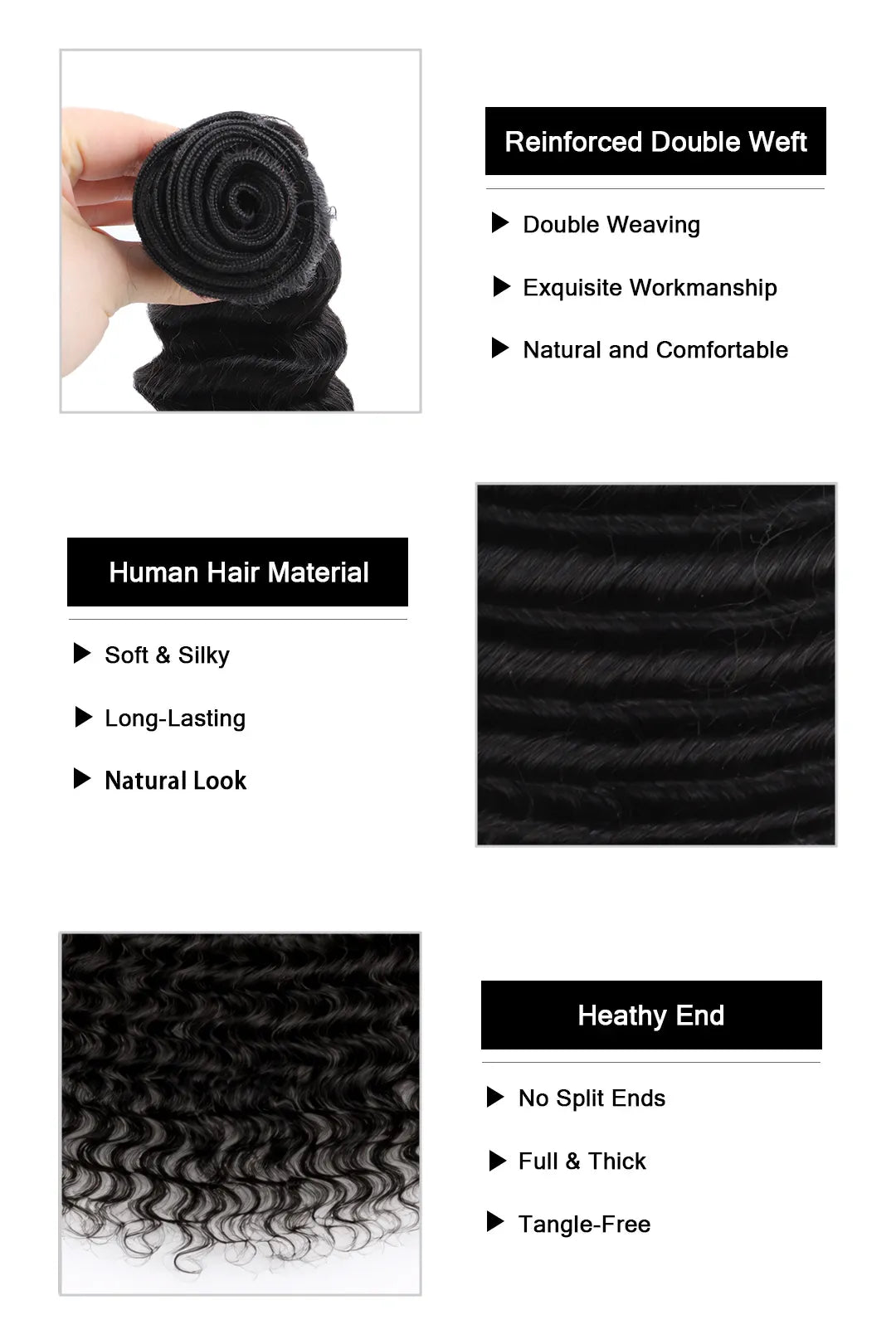 Product description of brazilian hair bundles sew in extensions deep wave