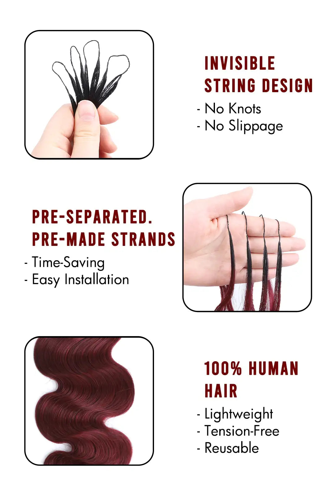 Product description of burgundy ombre body wave feather crochet hair - 1B/99J human hair