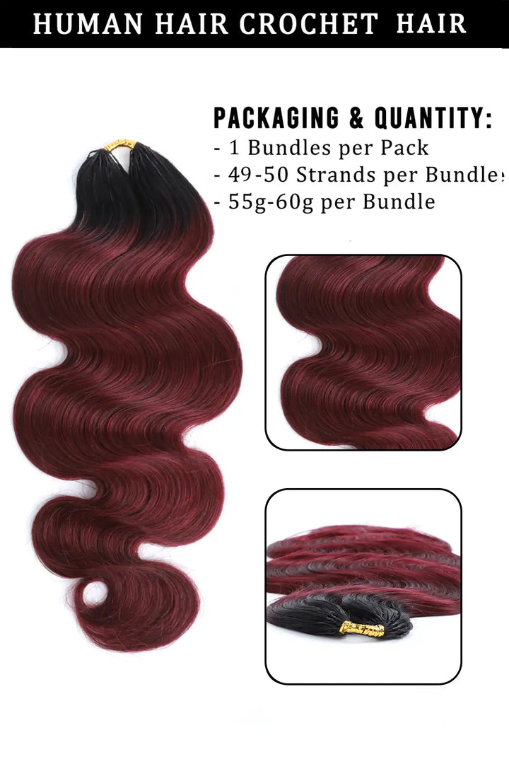 Product description of burgundy ombre body wave feather crochet hair - 1B/99J human hair