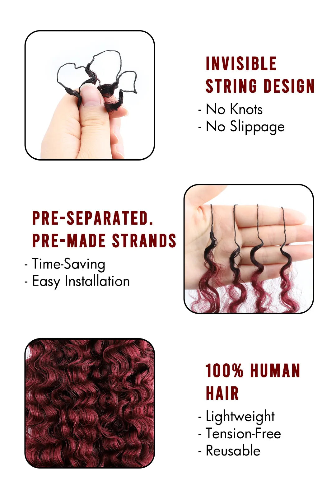 Product description of burgundy ombre water deep wave feather crochet hair t1b 99j human hair