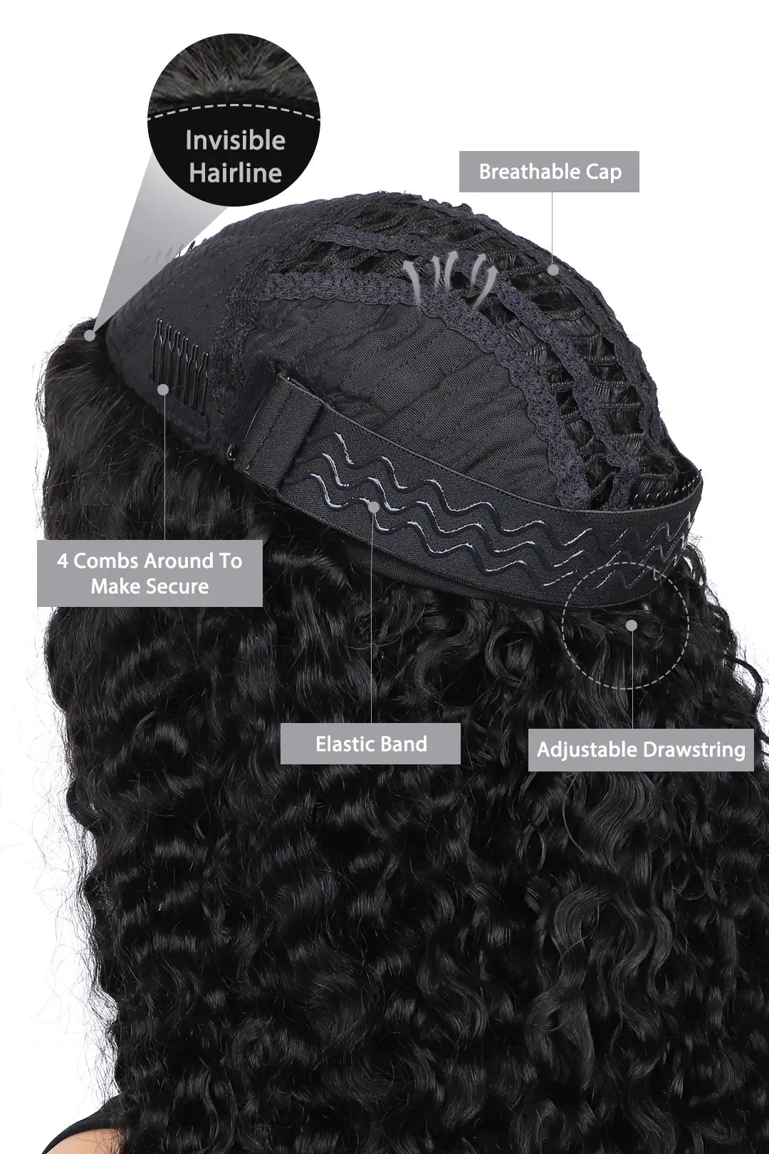 Product description of burmese curly with spiral curls ends half wig flexible fit drawstring