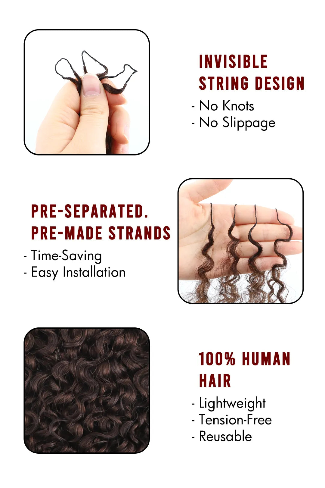 Product description of dark brown #4 burmese curly with spiral curls feather crochet miracle knots hair