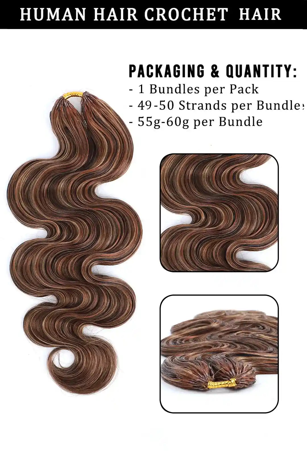 Product description of highlight blend #4/27/30 body wave feather crochet human hair