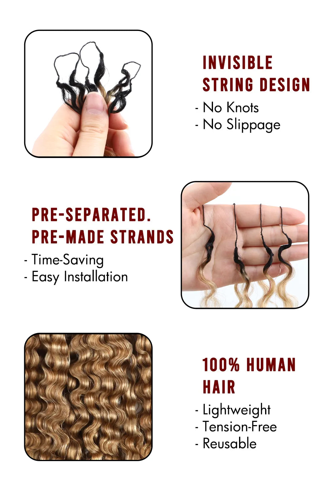 Product description of honey blonde #27 burmese curly with spiral curls feather crochet miracle knots hair