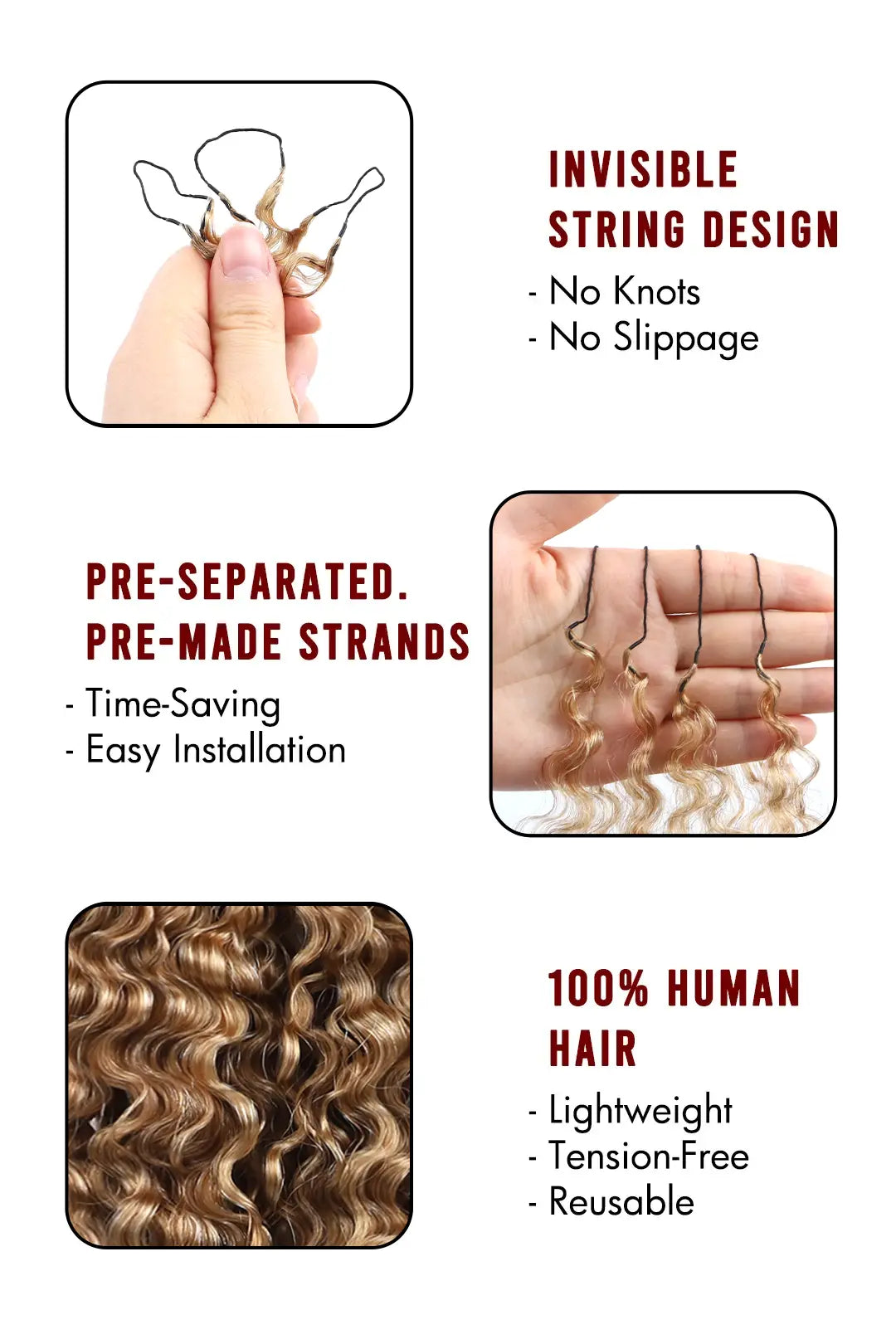 Product description of honey blonde #27 water deep wave feather crochet miracle knots hair